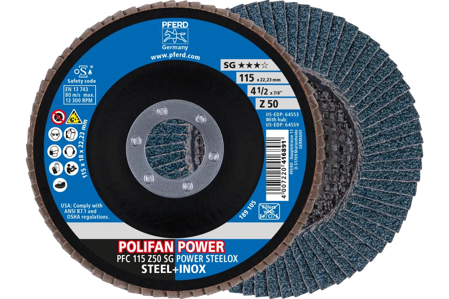 Picture of Pferd Flap Disc, 4-1/2" x 7/8, Z SG Power Steelox, 50 Grit, T29, Conical, Zirconia